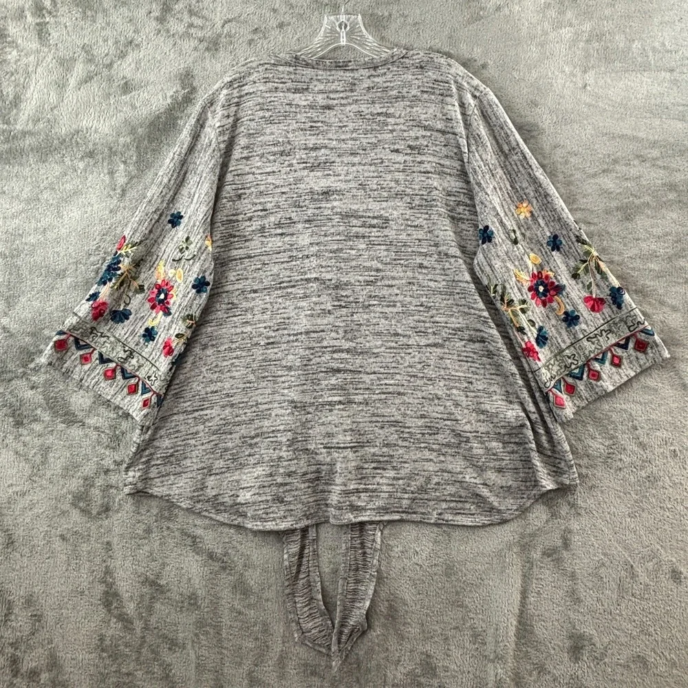Anthropologie Fig‎ and Flower Embroidered Tie Front Cardigan Womens 3X Gray Boho